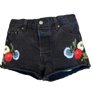 Levi's 501 Floral Embroidered Cutoff Denim Shorts Black Button Fly 27 Y2K Raw